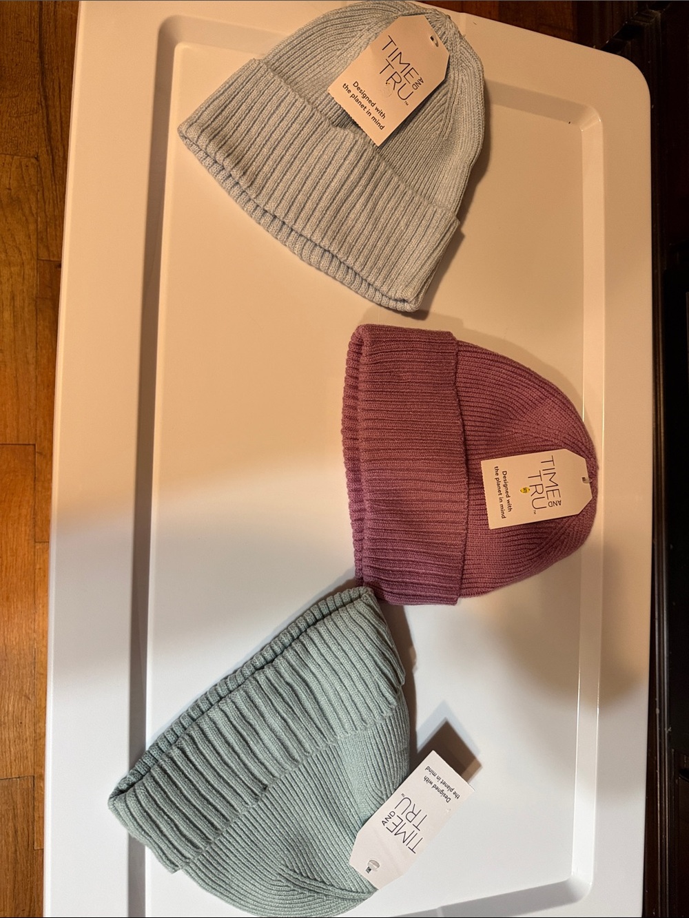 Time and Tru Kids Ribbed Beanie Set - Light Blue, Mauve, Sage